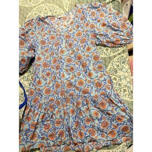 Not Avail Sundry for Evereve Floral Puff Sleeve Tiered Mini Dress Blue Orange
